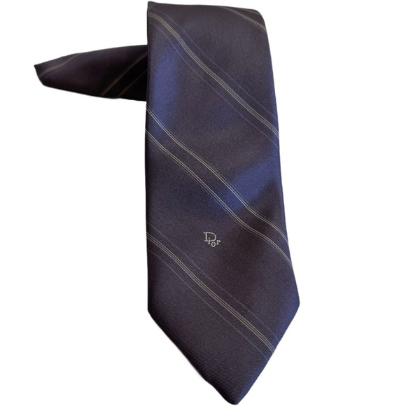 Christian DIOR Neck Tie Striped Gray Tan - Picture 1 of 16
